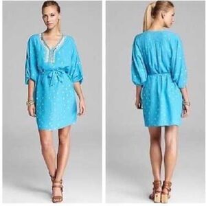 Lilly Pulitzer Wilda turquoise gold embellished caftan belted dress size small